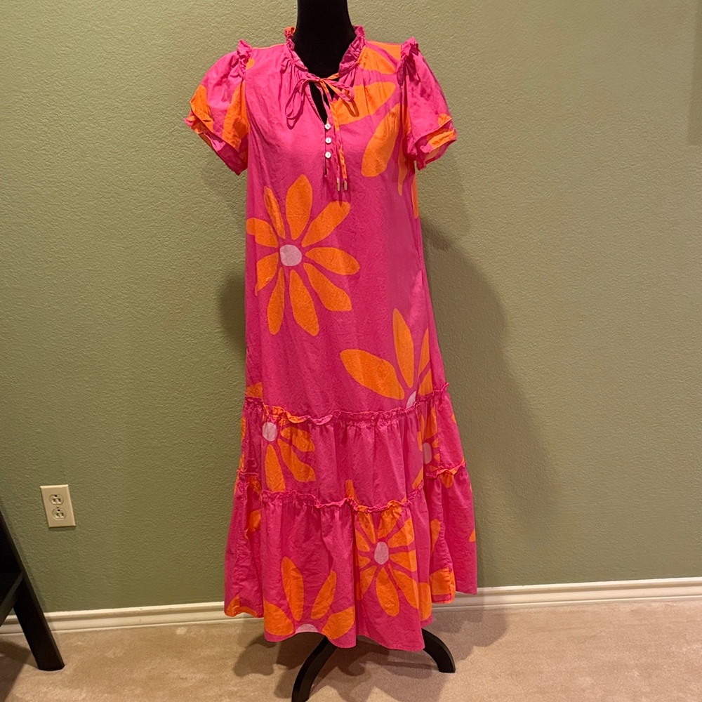 Pink and Orange Floral Midi Dress